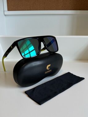 Carrera Men's Sunglasses: Black with Green-Blue Mirror Lenses, NEW